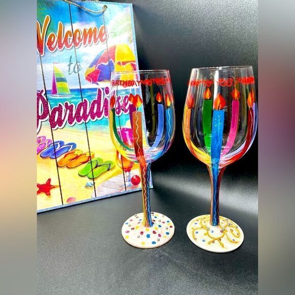 S❤️LD❣️ LOLITA Set of 2 “Happy Birthday” *Love my Wine Hand-painted Wine Glasses - Picture 1 of 9